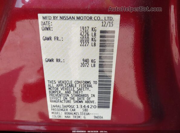 1N4AL3AP0GC134420 2016 NISSAN ALTIMA Red Вид підкапотного простору