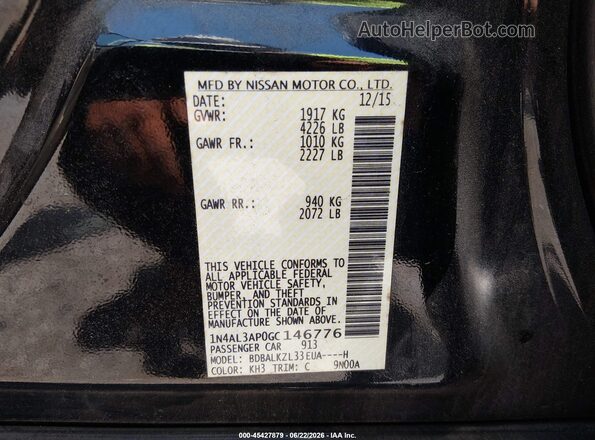 1N4AL3AP0GC146776 2016 NISSAN ALTIMA Black ძრავის განყოფილების ხედი