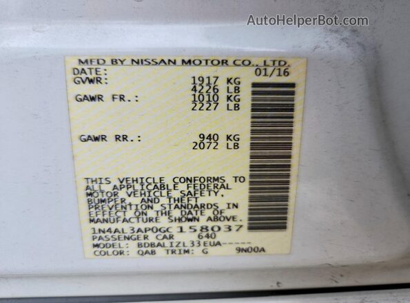 1N4AL3AP0GC158037 2016 NISSAN ALTIMA White ძრავის განყოფილების ხედი