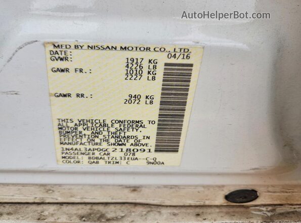 1N4AL3AP0GC218091 2016 NISSAN ALTIMA White VIN sticker view