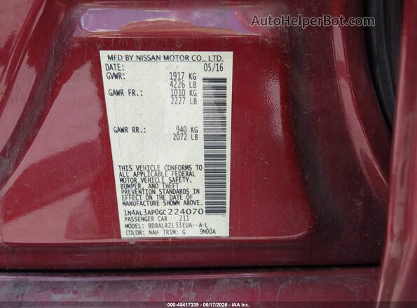 1N4AL3AP0GC224070 2016 NISSAN ALTIMA Red Widok komory silnika