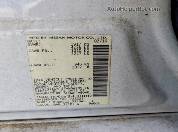 1N4AL3AP0GN343080 2016 NISSAN ALTIMA White VIN sticker view