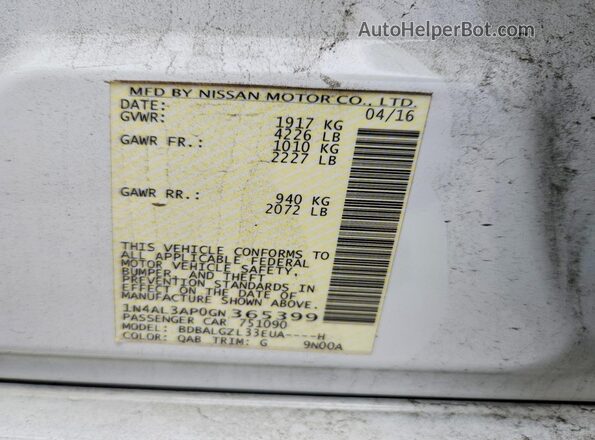 1N4AL3AP0GN365399 2016 NISSAN ALTIMA White VIN კოდის სტიკერის ხედი