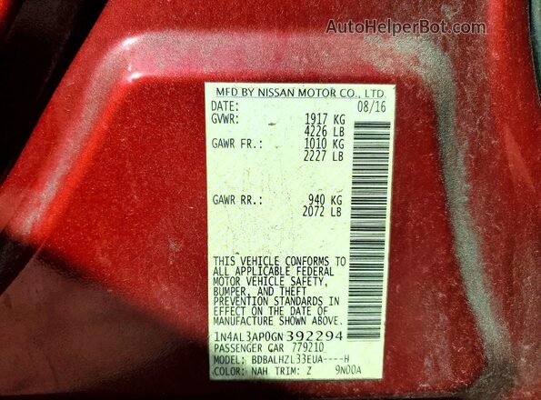 1N4AL3AP0GN392294 2016 NISSAN ALTIMA Red VIN կոդի պիտակի տեսք