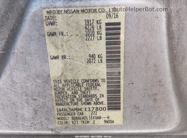 1N4AL3AP0HC117800 2017 NISSAN ALTIMA Silver Вид підкапотного простору