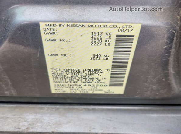 1N4AL3AP0HC492599 2017 NISSAN ALTIMA Gray VIN კოდის სტიკერის ხედი