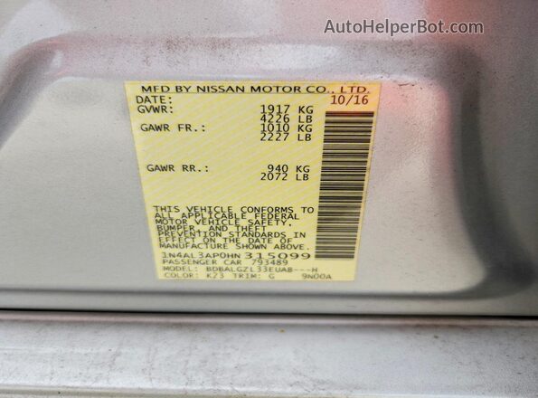 1N4AL3AP0HN315099 2017 NISSAN ALTIMA Silver VIN կոդի պիտակի տեսք