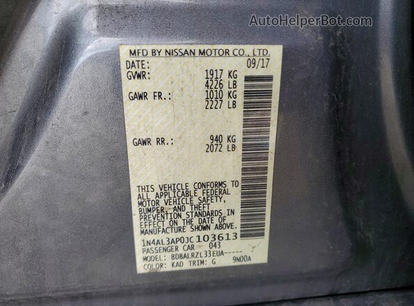 1N4AL3AP0JC103613 2018 NISSAN ALTIMA Gray VIN կոդի պիտակի տեսք