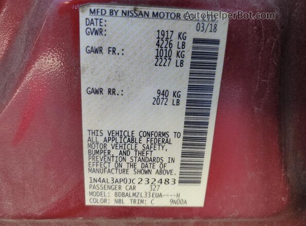 1N4AL3AP0JC232483 2018 NISSAN ALTIMA Red Vista del compartimento del motor