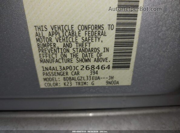 1N4AL3AP0JC268464 2018 NISSAN ALTIMA Silver Vista del compartimento del motor