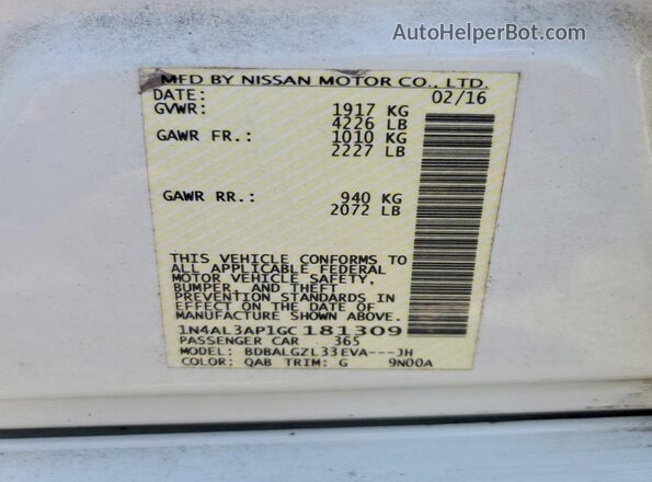 1N4AL3AP1GC181309 2016 NISSAN ALTIMA White VIN sticker view
