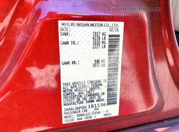 1N4AL3AP1GC181536 2016 NISSAN ALTIMA Red VIN կոդի պիտակի տեսք