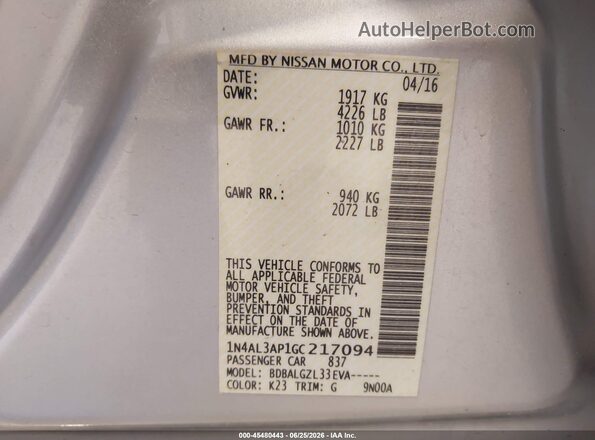 1N4AL3AP1GC217094 2016 NISSAN ALTIMA Silver Շարժիչի բաժամունքի տեսք