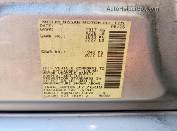 1N4AL3AP1GN377609 2016 NISSAN ALTIMA Silver Vista de la etiqueta del VIN