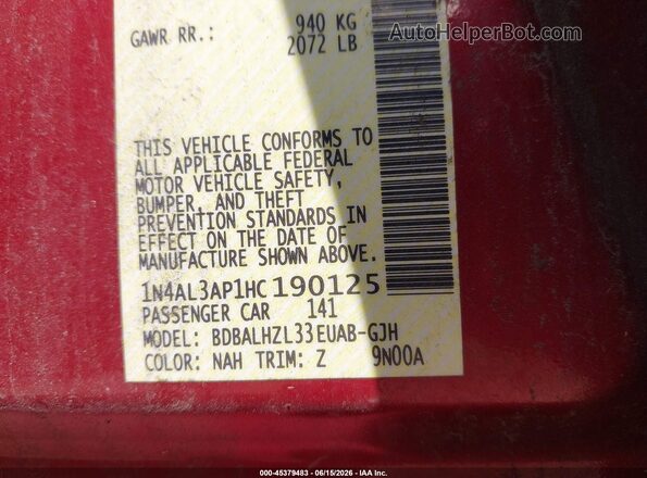 1N4AL3AP1HC190125 2017 NISSAN ALTIMA Red Շարժիչի բաժամունքի տեսք
