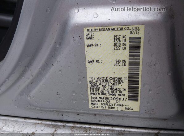 1N4AL3AP1HC209837 2017 NISSAN ALTIMA Gray ძრავის განყოფილების ხედი