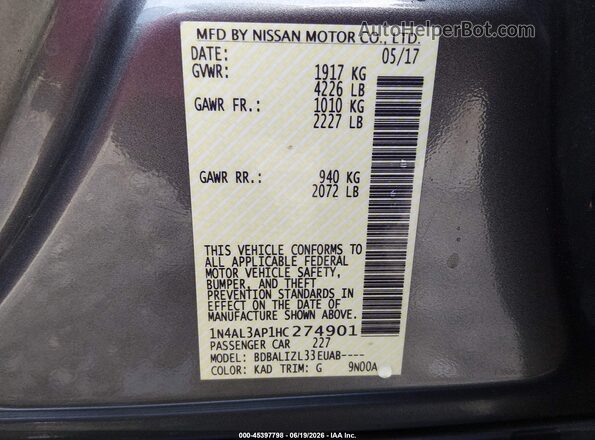 1N4AL3AP1HC274901 2017 NISSAN ALTIMA Серый Вид подкапотного пространства