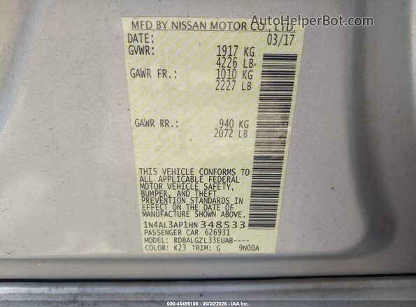 1N4AL3AP1HN348533 2017 NISSAN ALTIMA Silver Vista del compartimento del motor