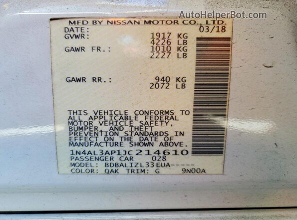 1N4AL3AP1JC214610 2018 NISSAN ALTIMA White 