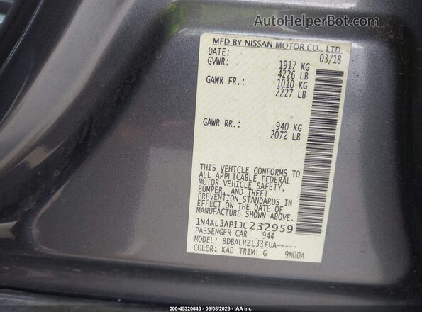 1N4AL3AP1JC232959 2018 NISSAN ALTIMA Серый Вид подкапотного пространства