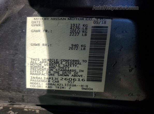 1N4AL3AP1JC260616 2018 NISSAN ALTIMA Серый Вид наклейки с VIN-кодом