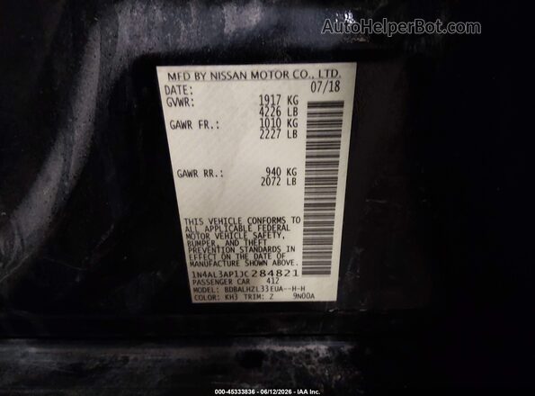 1N4AL3AP1JC284821 2018 NISSAN ALTIMA Black Շարժիչի բաժամունքի տեսք