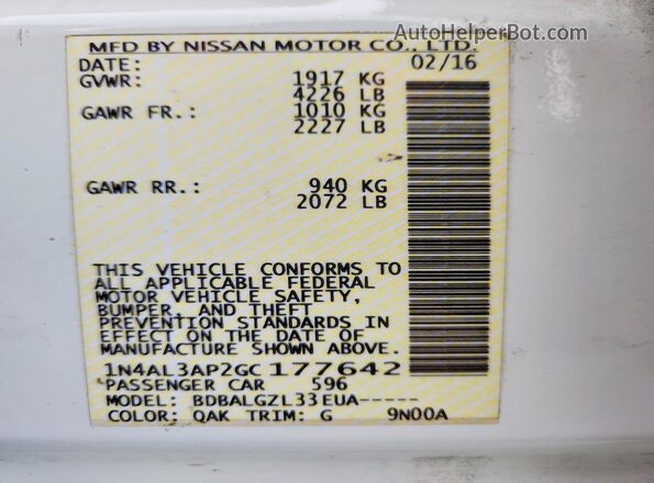 1N4AL3AP2GC177642 2016 NISSAN ALTIMA White 