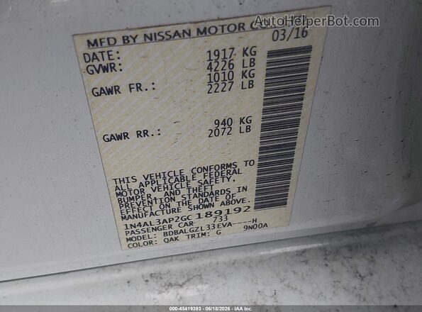 1N4AL3AP2GC189192 2016 NISSAN ALTIMA White Engine compartment view