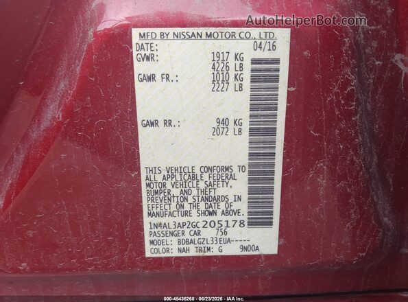 1N4AL3AP2GC205178 2016 NISSAN ALTIMA Red Շարժիչի բաժամունքի տեսք