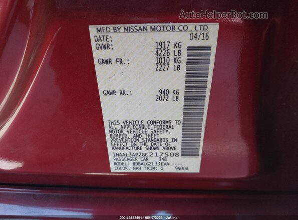 1N4AL3AP2GC217508 2016 NISSAN ALTIMA Red Vista del compartimento del motor