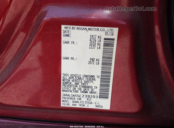1N4AL3AP2GC239203 2016 NISSAN ALTIMA Red Vista del compartimento del motor
