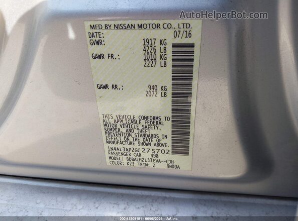 1N4AL3AP2GC275702 2016 NISSAN ALTIMA Silver 