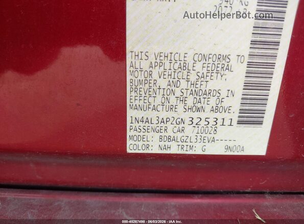 1N4AL3AP2GN325311 2016 NISSAN ALTIMA Red Vista del compartimento del motor