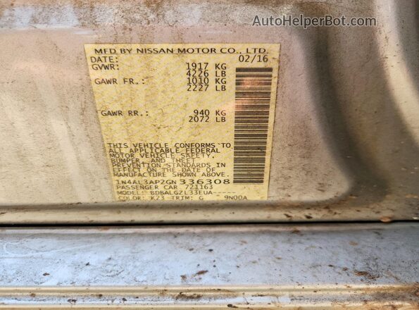 1N4AL3AP2GN336308 2016 NISSAN ALTIMA Silver VIN sticker view