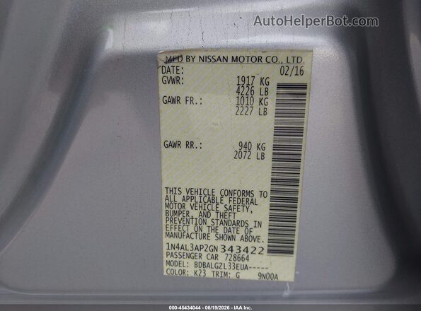 1N4AL3AP2GN343422 2016 NISSAN ALTIMA Silver Vista del compartimento del motor