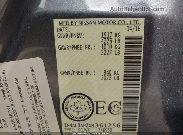 1N4AL3AP2GN361256 2016 NISSAN ALTIMA Серый Вид подкапотного пространства