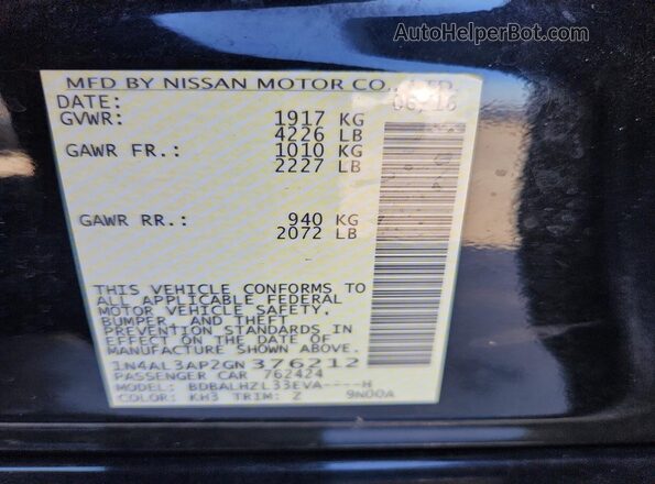 1N4AL3AP2GN376212 2016 NISSAN ALTIMA Black Vista de la etiqueta del VIN