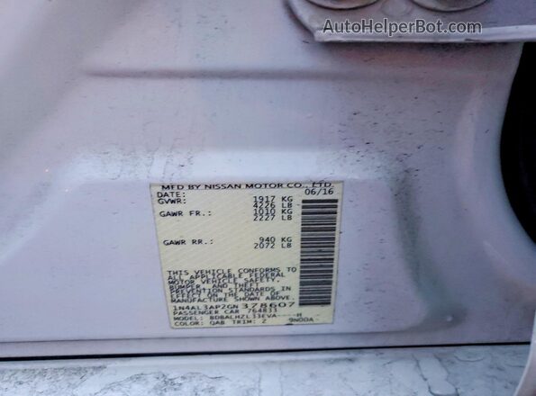 1N4AL3AP2GN378607 2016 NISSAN ALTIMA White Vista del compartimento del motor