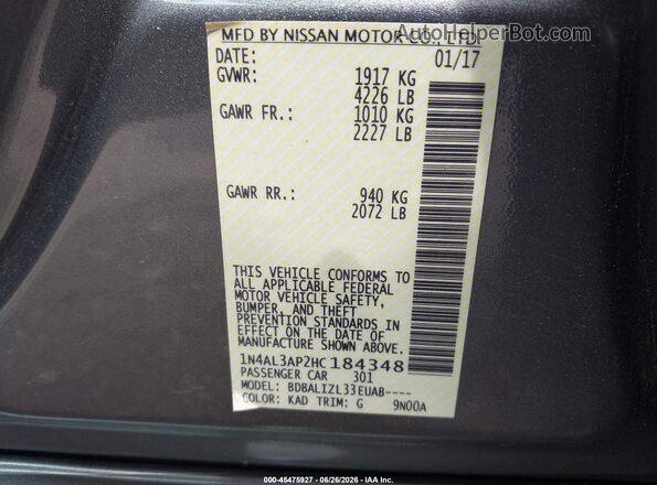 1N4AL3AP2HC184348 2017 NISSAN ALTIMA Gray Շարժիչի բաժամունքի տեսք