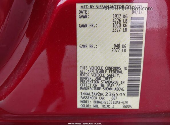 1N4AL3AP2HC236545 2017 NISSAN ALTIMA Красный 