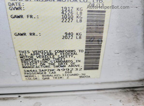 1N4AL3AP2HC499232 2017 NISSAN ALTIMA White VIN sticker view