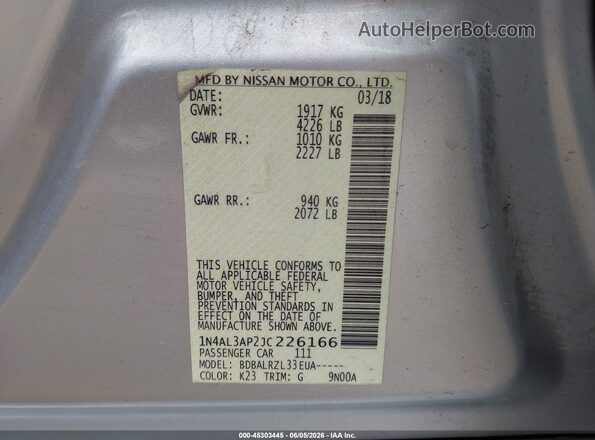 1N4AL3AP2JC226166 2018 NISSAN ALTIMA Silver Widok naklejki z numerem VIN