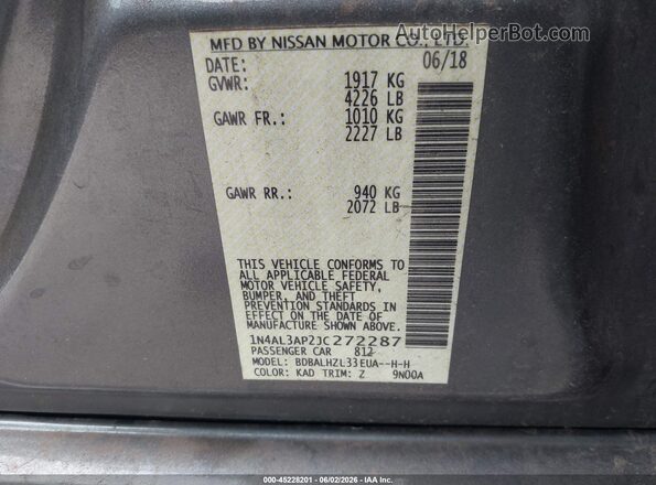 1N4AL3AP2JC272287 2018 NISSAN ALTIMA Gray Շարժիչի բաժամունքի տեսք