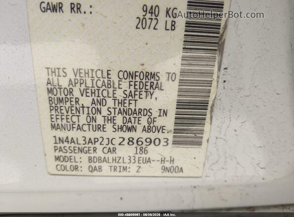 1N4AL3AP2JC286903 2018 NISSAN ALTIMA White VIN sticker view