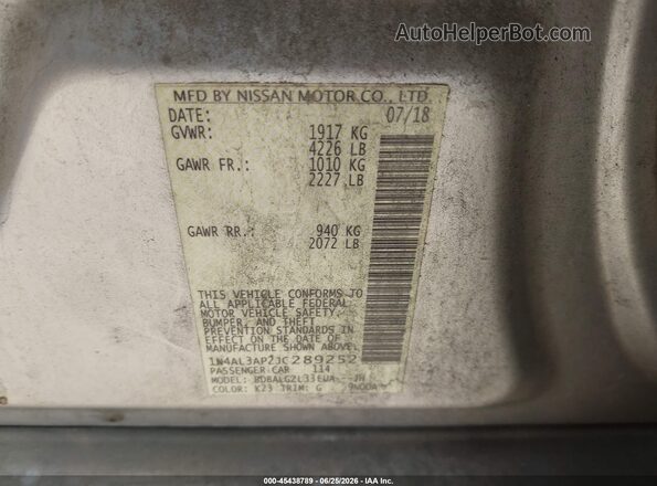 1N4AL3AP2JC289252 2018 NISSAN ALTIMA Серебряный Вид подкапотного пространства
