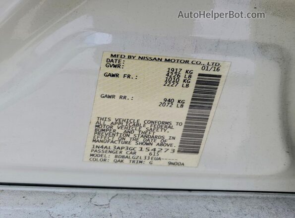 1N4AL3AP3GC154273 2016 NISSAN ALTIMA White VIN sticker view