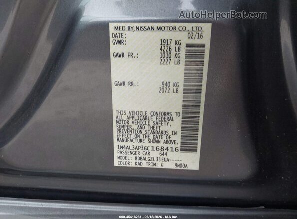 1N4AL3AP3GC168416 2016 NISSAN ALTIMA Gray Widok komory silnika