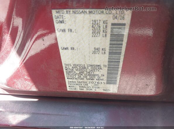 1N4AL3AP3GC207635 2016 NISSAN ALTIMA Burgundy ძრავის განყოფილების ხედი