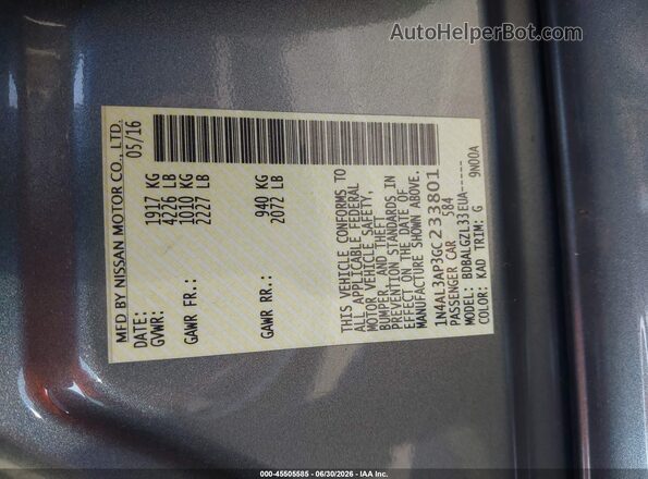 1N4AL3AP3GC233801 2016 NISSAN ALTIMA Gray Engine compartment view