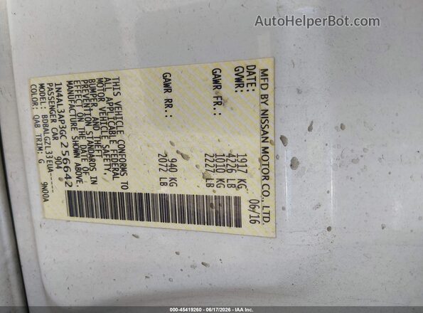 1N4AL3AP3GC256642 2016 NISSAN ALTIMA White ძრავის განყოფილების ხედი